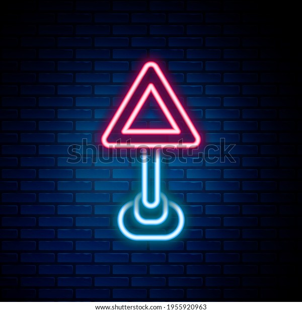 Glowing neon line Triangle warning blank\
icon isolated on brick wall background. Traffic rules and safe\
driving. Colorful outline concept.\
Vector