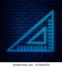 Glowing neon line Triangular ruler icon isolated on brick wall background. Straightedge symbol. Geometric symbol.  Vector Illustration