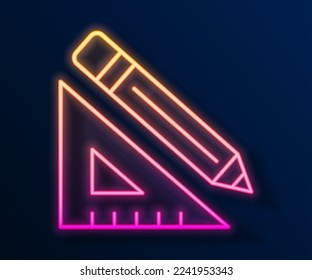 Glowing neon line Triangular ruler and pencil icon isolated on black background. Straightedge symbol. Drawing and educational tools.  Vector