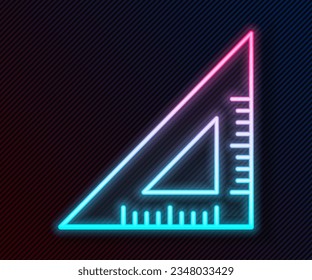 Línea de neón brillante Icono de regla triangular aislado en fondo negro. Símbolo directo. Símbolo geométrico.  Vector