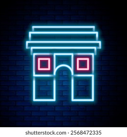 Glowing neon line Triumphal Arch icon isolated on brick wall background. Landmark of Paris, France. Colorful outline concept. Vector