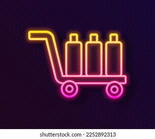 Glowing neon line Trolley suitcase icon isolated on black background. Traveling baggage sign. Travel luggage icon.  Vector
