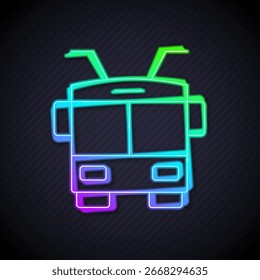 Icono de trolebús de línea de neón brillante aislado sobre fondo negro. Símbolo de transporte público.  Vector