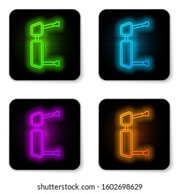 Glowing neon line Truck side mirror icon isolated on white background. Black square button. Vector Illustration