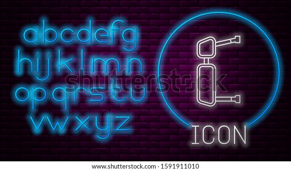 Glowing neon\
line Truck side mirror icon isolated on brick wall background. Neon\
light alphabet. Vector\
Illustration
