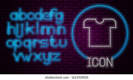 Glowing neon line T-shirt icon isolated on brick wall background. Neon light alphabet. Vector Illustration