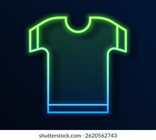 Glowing neon line T-shirt icon isolated on blue background.  Vector Illustration