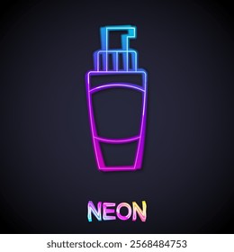 Glowing neon line Tube of hand cream icon isolated on black background.  Vector