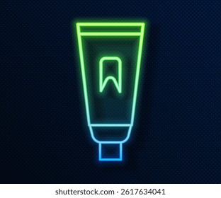 Glowing neon line Tube of toothpaste icon isolated on blue background.  Vector Illustration
