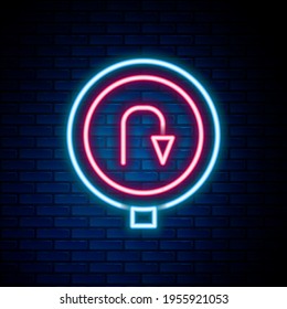 Glühende Neonlinie Zurück Straße Symbol einzeln auf Backsteinwand Hintergrund. Verkehrsregeln und Fahrsicherheit. Farbiges Rahmenkonzept. Vektorgrafik