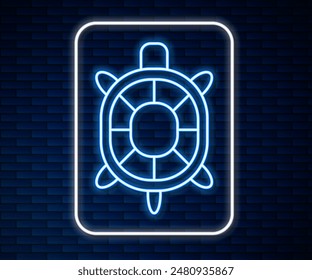 Glowing neon line Turtle icon isolated on brick wall background.  Vector