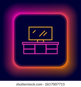 Glowing neon line TV table stand icon isolated on black background. Colorful outline concept. Vector