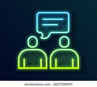 Glowing neon line Two sitting men talking icon isolated on black background. Speech bubble chat. Message icon. Communication or comment chat symbol.  Vector