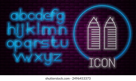 Glowing neon line Two tall residential towers in the Dnipro city icon isolated on brick wall background. Neon light alphabet. Vector