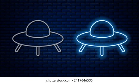 Glowing neon line UFO flying spaceship icon isolated on brick wall background. Flying saucer. Alien space ship. Futuristic unknown flying object.  Vector