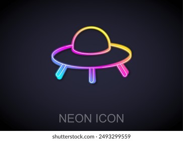 Glowing neon line UFO flying spaceship icon isolated on black background. Flying saucer. Alien space ship. Futuristic unknown flying object.  Vector