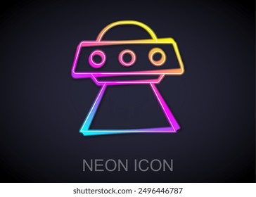 Glowing neon line UFO flying spaceship icon isolated on black background. Flying saucer. Alien space ship. Futuristic unknown flying object.  Vector