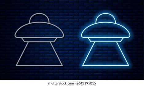 Glowing neon line UFO flying spaceship icon isolated on brick wall background. Flying saucer. Alien space ship. Futuristic unknown flying object.  Vector