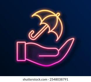 Glowing neon line Umbrella in hand icon isolated on black background. Insurance concept. Waterproof icon. Protection, safety, security concept.  Vector