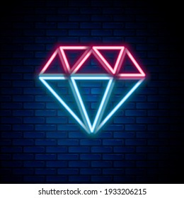 Glowing neon line Umbrella icon isolated on brick wall background. Colorful outline concept. Vector