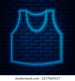 Glowing neon line Undershirt icon isolated on brick wall background.  Vector