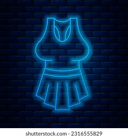 Glowing neon line Undershirt icon isolated on brick wall background.  Vector