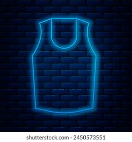 Glowing neon line Undershirt icon isolated on brick wall background.  Vector