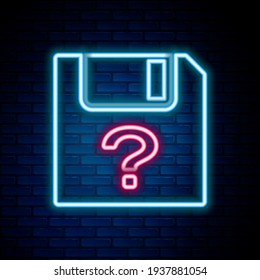 Glowing neon line Unknown document icon isolated on brick wall background. File with Question mark. Hold report, service and global search sign. Colorful outline concept. Vector