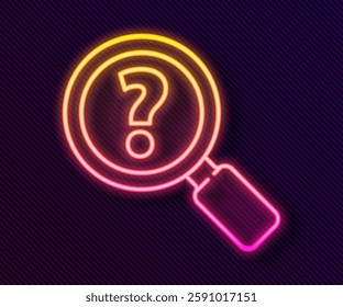 Glowing neon line Unknown search icon isolated on black background. Magnifying glass and question mark.  Vector Illustration