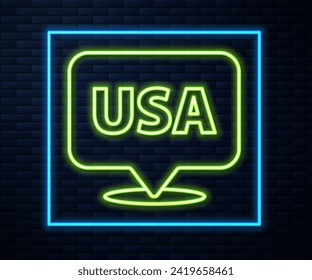 Glowing neon line USA Independence day icon isolated on brick wall background. 4th of July. United States of America country.  Vector
