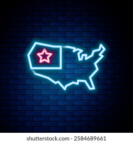 Glowing neon line USA map icon isolated on brick wall background. Map of the United States of America. Colorful outline concept. Vector