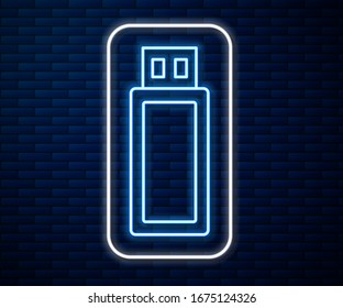 Glowing neon line USB flash drive icon isolated on brick wall background.  Vector Illustration