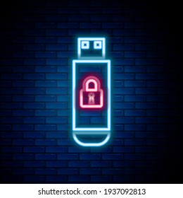 Glowing neon line USB flash drive with closed padlock icon isolated on brick wall background. Security, safety, protection concept. Colorful outline concept. Vector