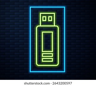 Glowing neon line USB flash drive icon isolated on brick wall background.  Vector