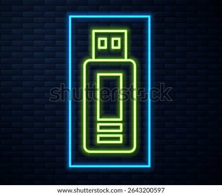 Glowing neon line USB flash drive icon isolated on brick wall background.  Vector