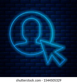 Glowing neon line User of man in business suit icon isolated on brick wall background. Business avatar symbol - user profile icon. Male user sign.  Vector Illustration