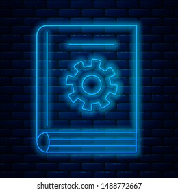 Glowing neon line User manual icon isolated on brick wall background. User guide book. Instruction sign. Read before use.  Vector Illustration