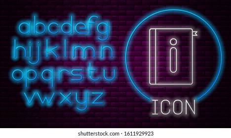 Glowing neon line User manual icon isolated on brick wall background. User guide book. Instruction sign. Read before use. Neon light alphabet. Vector Illustration