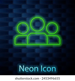 Glowing neon line Users group icon isolated on brick wall background. Group of people icon. Business avatar symbol - users profile icon.  Vector