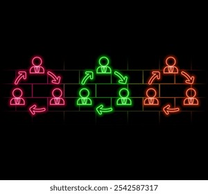 Glühende Neonzeile Benutzer Gruppensymbol einzeln auf schwarzem Hintergrund. Symbol für Gruppe von Personen. Business-Avatar-Symbol - Benutzerprofil-Symbol. Vektor.