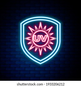 Glowing Neon Line UV Protection Icon Isolated On Brick Wall Background. Ultra Violet Rays Radiation. SPF Sun Sign. Colorful Outline Concept. Vector