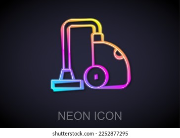 Glowing neon line Vacuum cleaner icon isolated on black background.  Vector