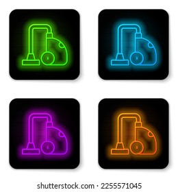 Glowing neon line Vacuum cleaner icon isolated on white background. Black square button. Vector