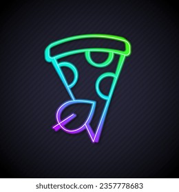 Glowing neon line Vegan pizza slice icon isolated on black background.  Vector