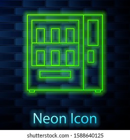 Glowing neon line Vending machine of food and beverage automatic selling icon isolated on brick wall background.  Vector Illustration