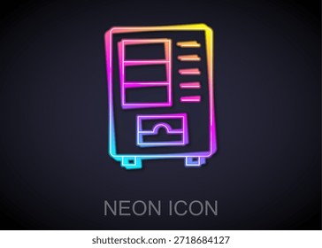 Linha de neon brilhante Máquina de venda automática de alimentos e bebidas ícone de venda automática isolado no fundo preto.  Vetor