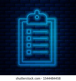 Glowing neon line Verification of delivery list clipboard icon isolated on brick wall background.  Vector Illustration