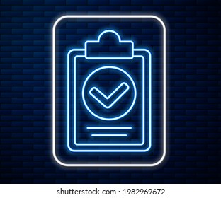 Glowing neon line Verification of delivery list clipboard icon isolated on brick wall background.  Vector Illustration