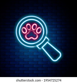 Glowing neon line Veterinary clinic symbol icon isolated on brick wall background. Cross hospital sign. Stylized paw print dog or cat. Pet First Aid sign. Colorful outline concept. Vector