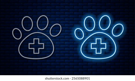 Glowing neon line Veterinary clinic symbol icon isolated on brick wall background. Cross hospital sign. A stylized paw print dog or cat. Pet First Aid sign.  Vector